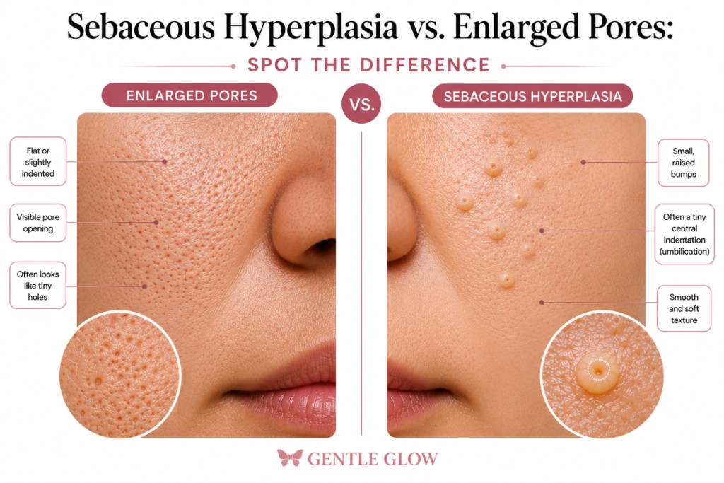 Comparison infographic showing the visual differences between sebaceous hyperplasia and enlarged pores, including appearance, texture, and characteristic features on oily skin.