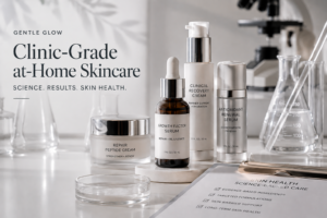 Clinical skincare products in a laboratory-inspired setting illustrating a clinic-grade at-home treatment and evidence-based skin health.