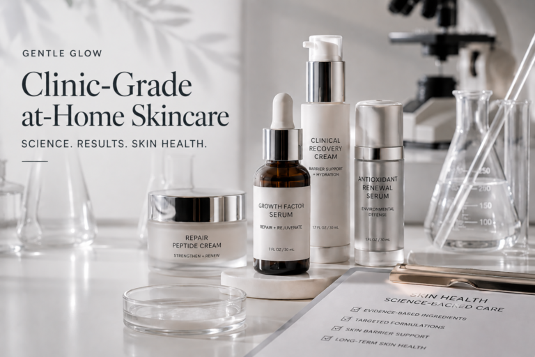 Clinical skincare products in a laboratory-inspired setting illustrating a clinic-grade at-home treatment and evidence-based skin health.