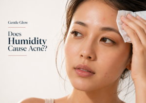 Woman with oily, acne-prone skin blotting her forehead in humid weather, illustrating does humidity cause acne
