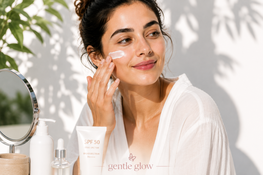 Woman applying sunscreen as part of a healthy skincare routine for oily skin, with Gentle Glow branding in a bright editorial setting.