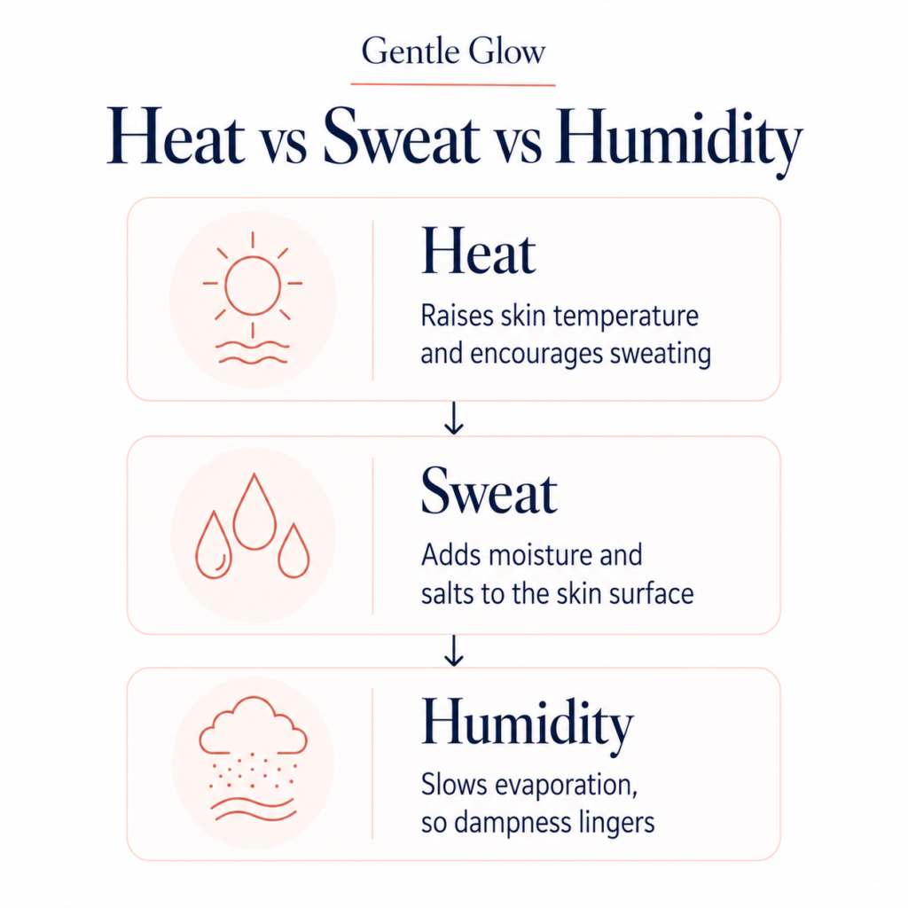 Heat, sweat, and humidity infographic showing how heat encourages sweating, sweat adds moisture, and humidity slows evaporation