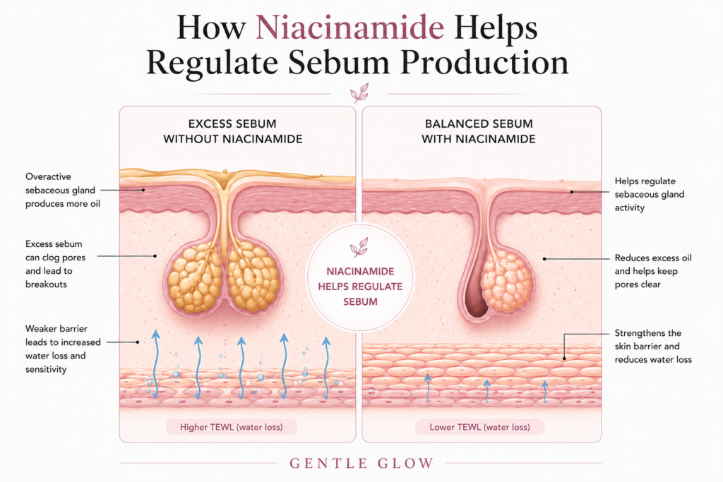 Infographic showing how niacinamide helps regulate sebum production by supporting balanced oil production and strengthening the skin barrier in oily and acne-prone skin.