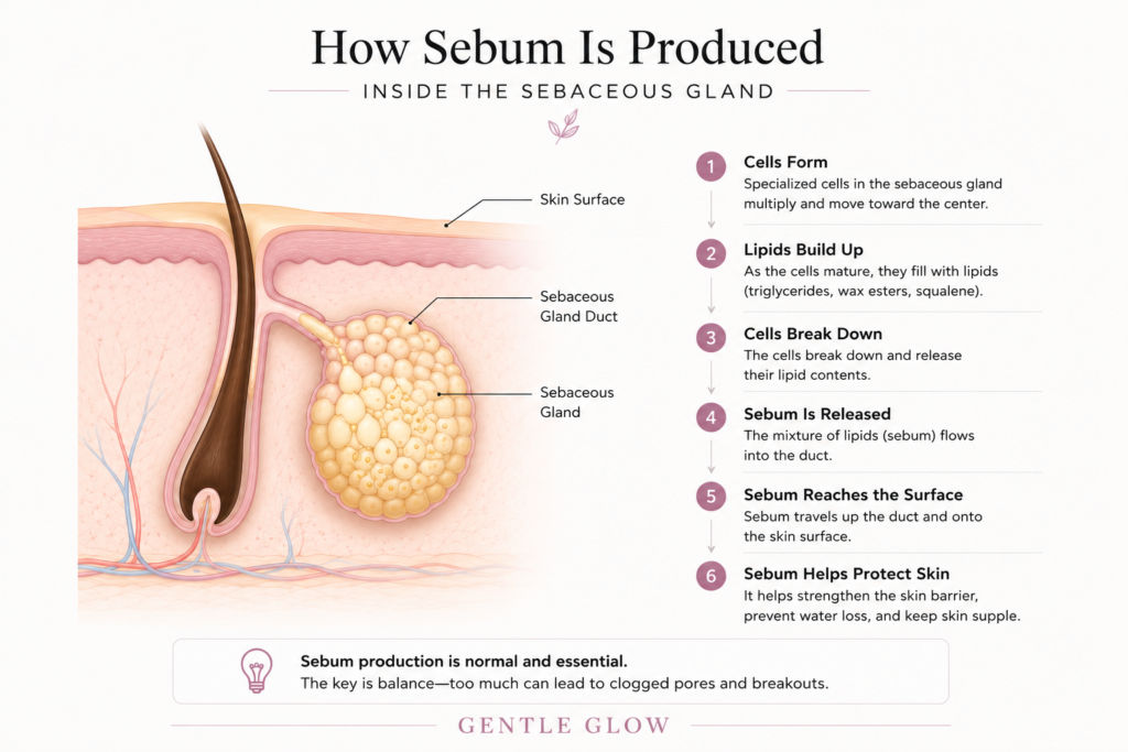 Diagram showing how sebum is produced inside the sebaceous gland, from sebocyte development to sebum release through the sebaceous duct.