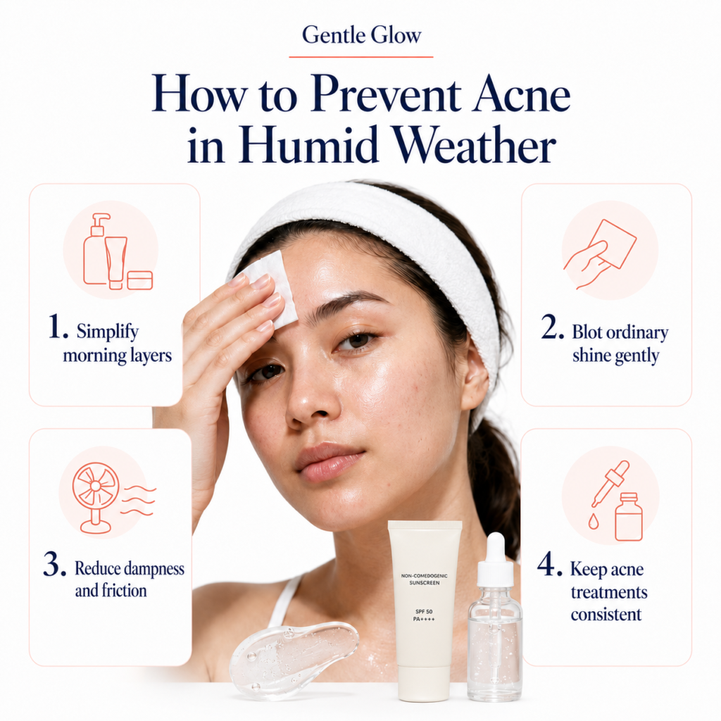 Woman blotting forehead beside four tips for preventing acne in humid weather