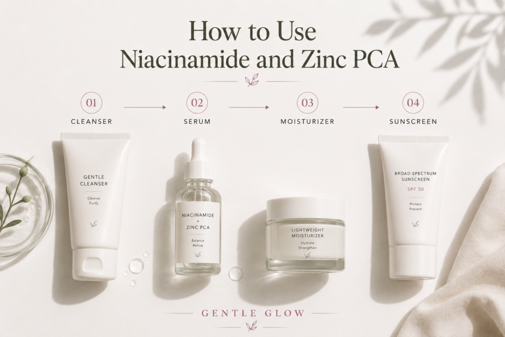 Editorial skincare routine showing how to use Niacinamide and Zinc PCA with a cleanser, serum, moisturizer, and sunscreen for oily and acne-prone skin.