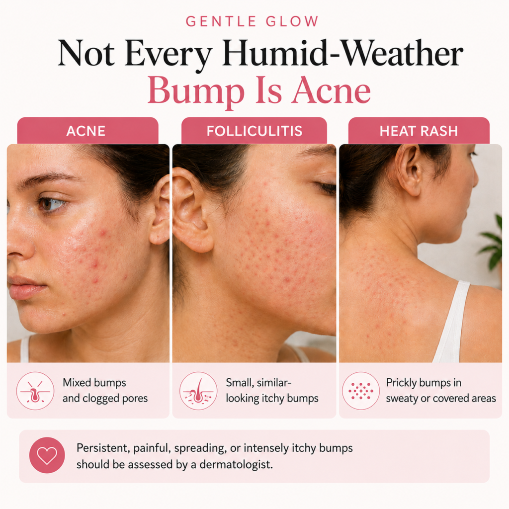 Comparison of acne, folliculitis, and heat rash showing different patterns of humid-weather bumps