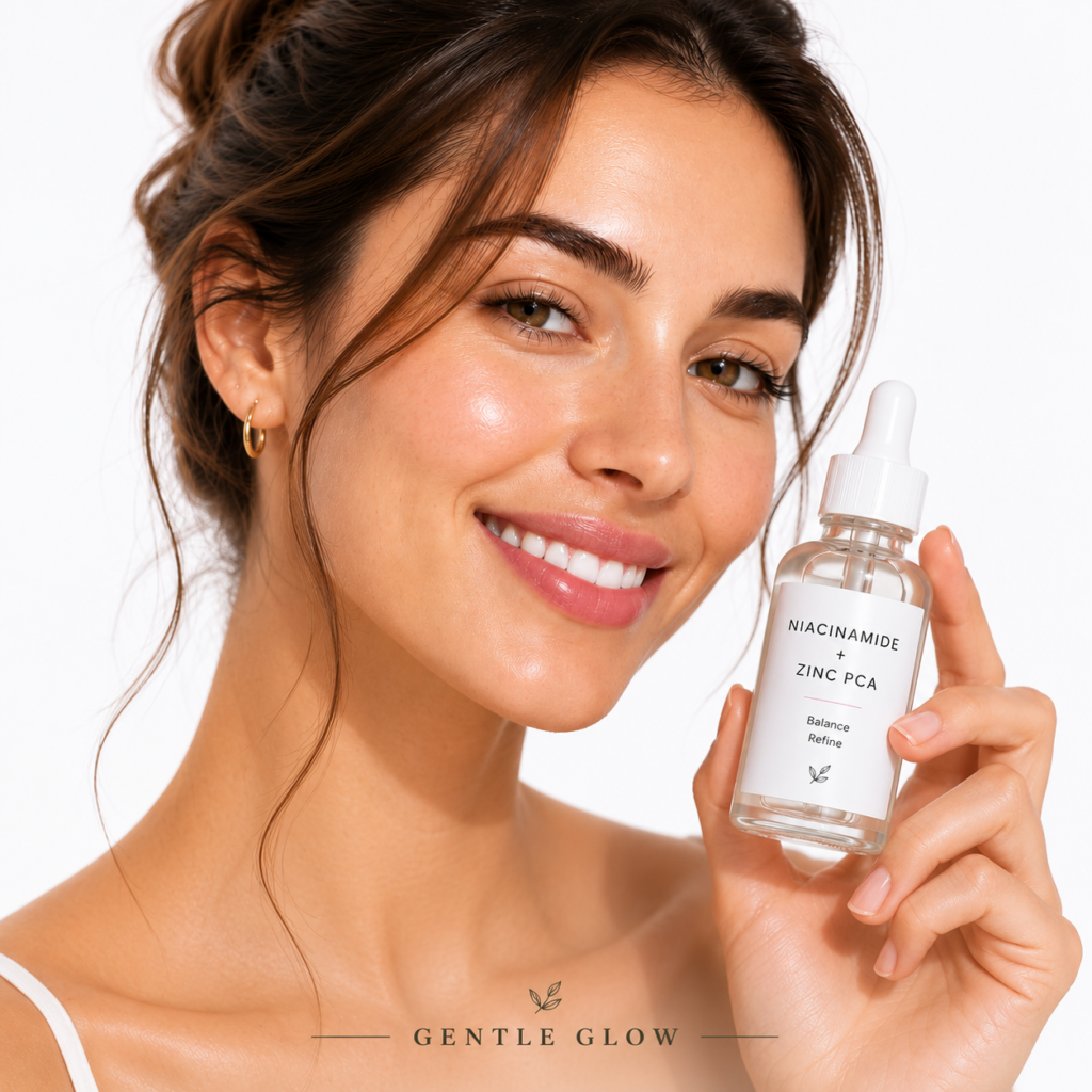 Woman with healthy, naturally glowing skin holding a Niacinamide and Zinc PCA serum, illustrating the benefits of Niacinamide and Zinc PCA for oily and acne-prone skin.