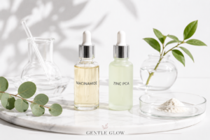 Niacinamide and Zinc PCA serums for oily skin displayed on a minimalist skincare surface, illustrating sebum regulation and barrier-supporting ingredients.