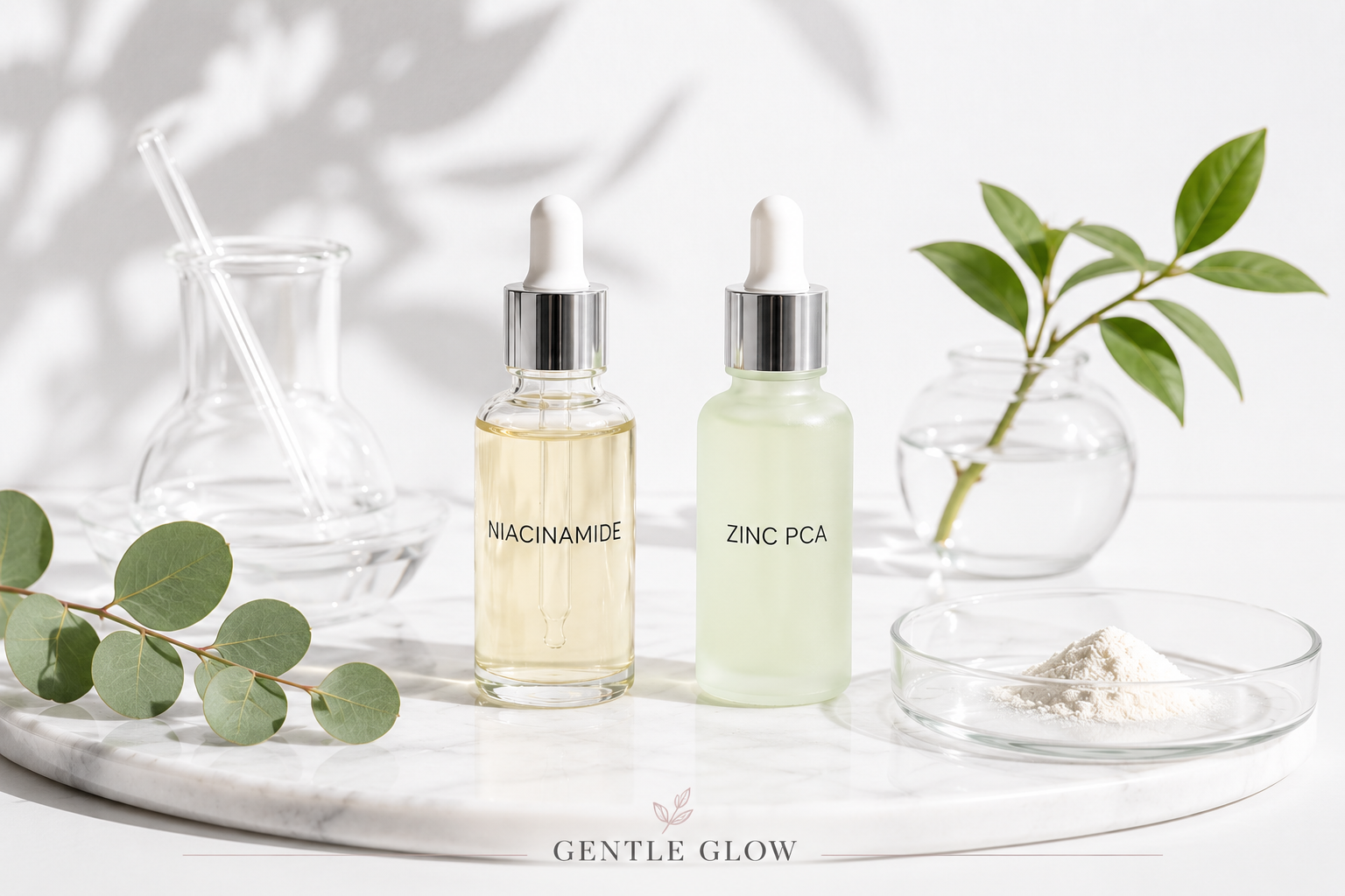Niacinamide and Zinc PCA serums for oily skin displayed on a minimalist skincare surface, illustrating sebum regulation and barrier-supporting ingredients.