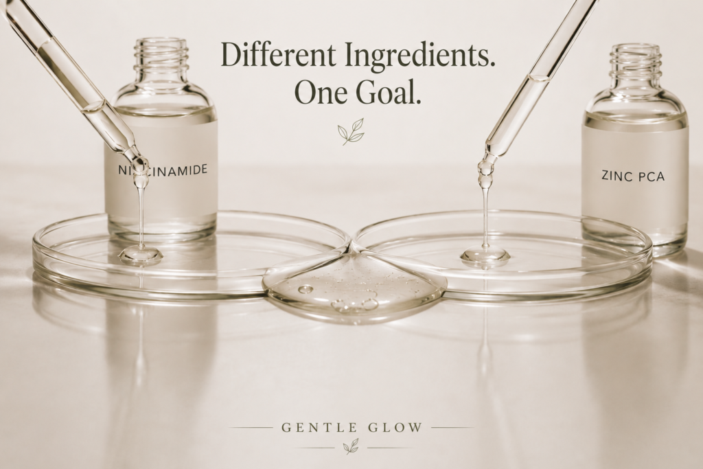 Editorial flat lay showing Niacinamide and Zinc PCA serums with laboratory glassware, illustrating how Niacinamide and Zinc PCA work together to support balanced skin in oily and acne-prone skin.
