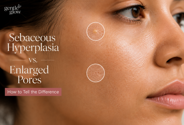 Close-up comparison of sebaceous hyperplasia and enlarged pores on facial skin, highlighting the visual differences between the two conditions.