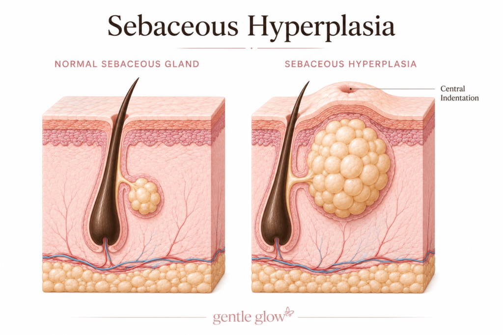 Medical illustration comparing a normal sebaceous gland with sebaceous hyperplasia, showing how an enlarged sebaceous gland creates a raised bump with a central indentation.