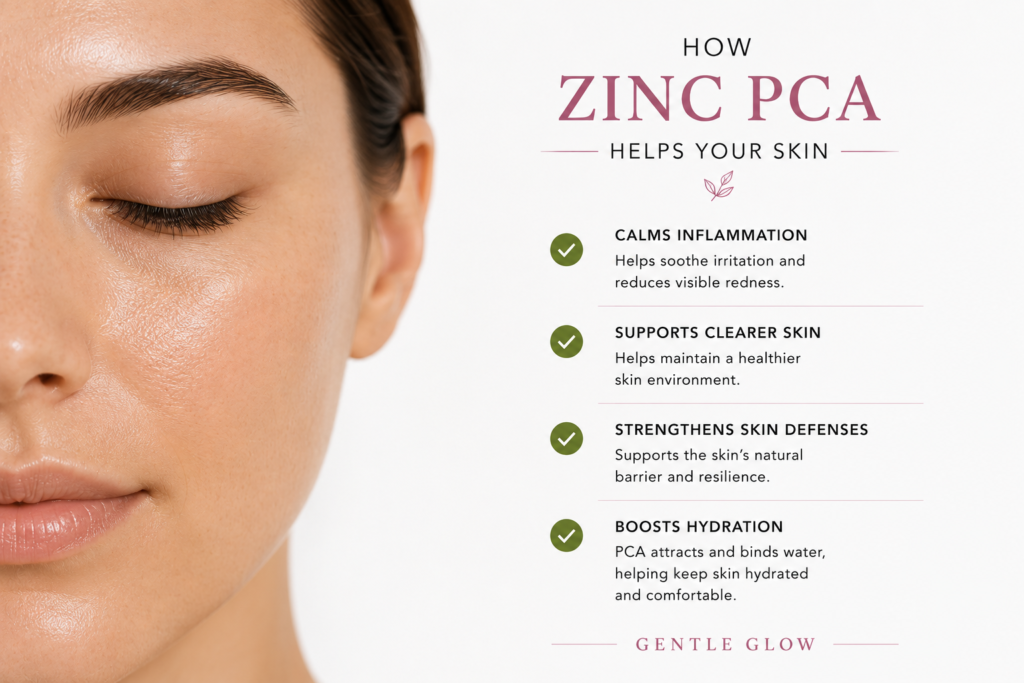 Close-up of healthy facial skin alongside the key benefits of Zinc PCA for oily and acne-prone skin, including calming inflammation, supporting hydration, and strengthening the skin barrier.