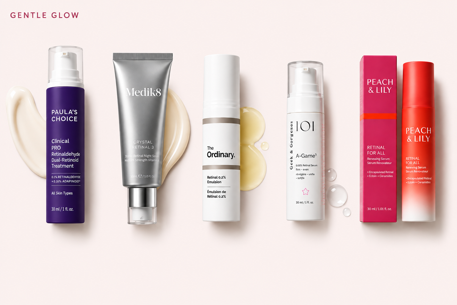 Best retinal for acne-prone skin featuring Paula’s Choice, Medik8, The Ordinary, Geek & Gorgeous, and Peach & Lily retinal products.