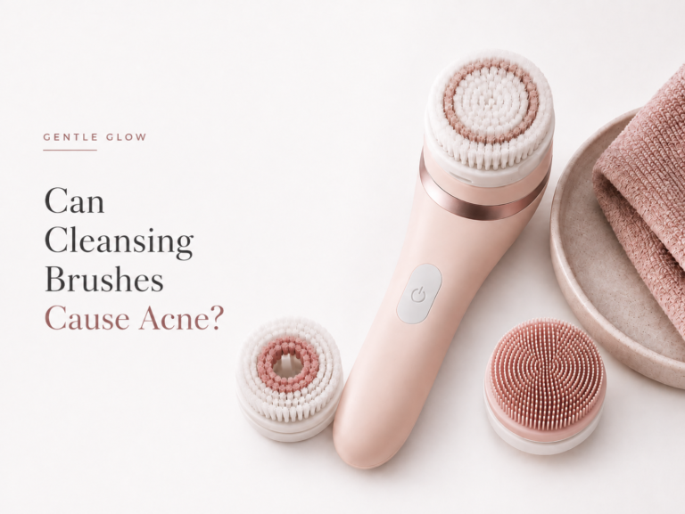 Can cleansing brushes cause acne? Facial cleansing brush and interchangeable brush heads illustrating whether cleansing brushes can cause acne.