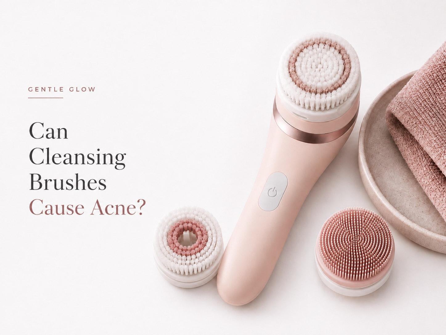 Can cleansing brushes cause acne? Facial cleansing brush and interchangeable brush heads illustrating whether cleansing brushes can cause acne.
