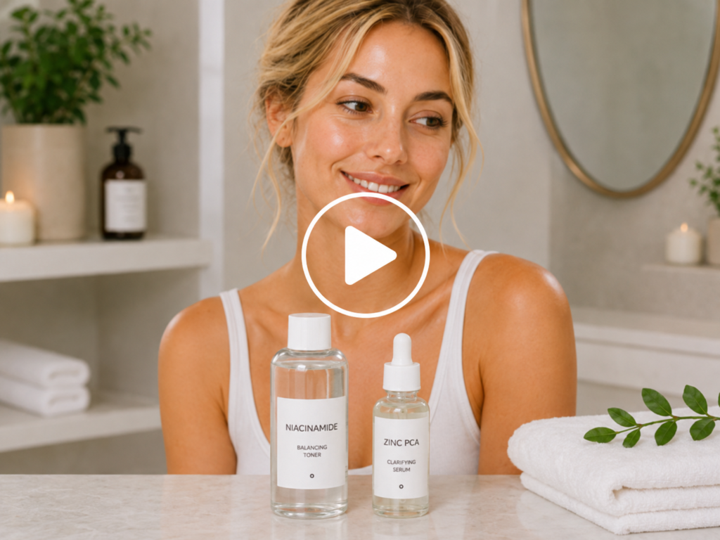Woman with niacinamide and zinc PCA serum bottles in a bathroom setting for an oily skin skincare video thumbnail.