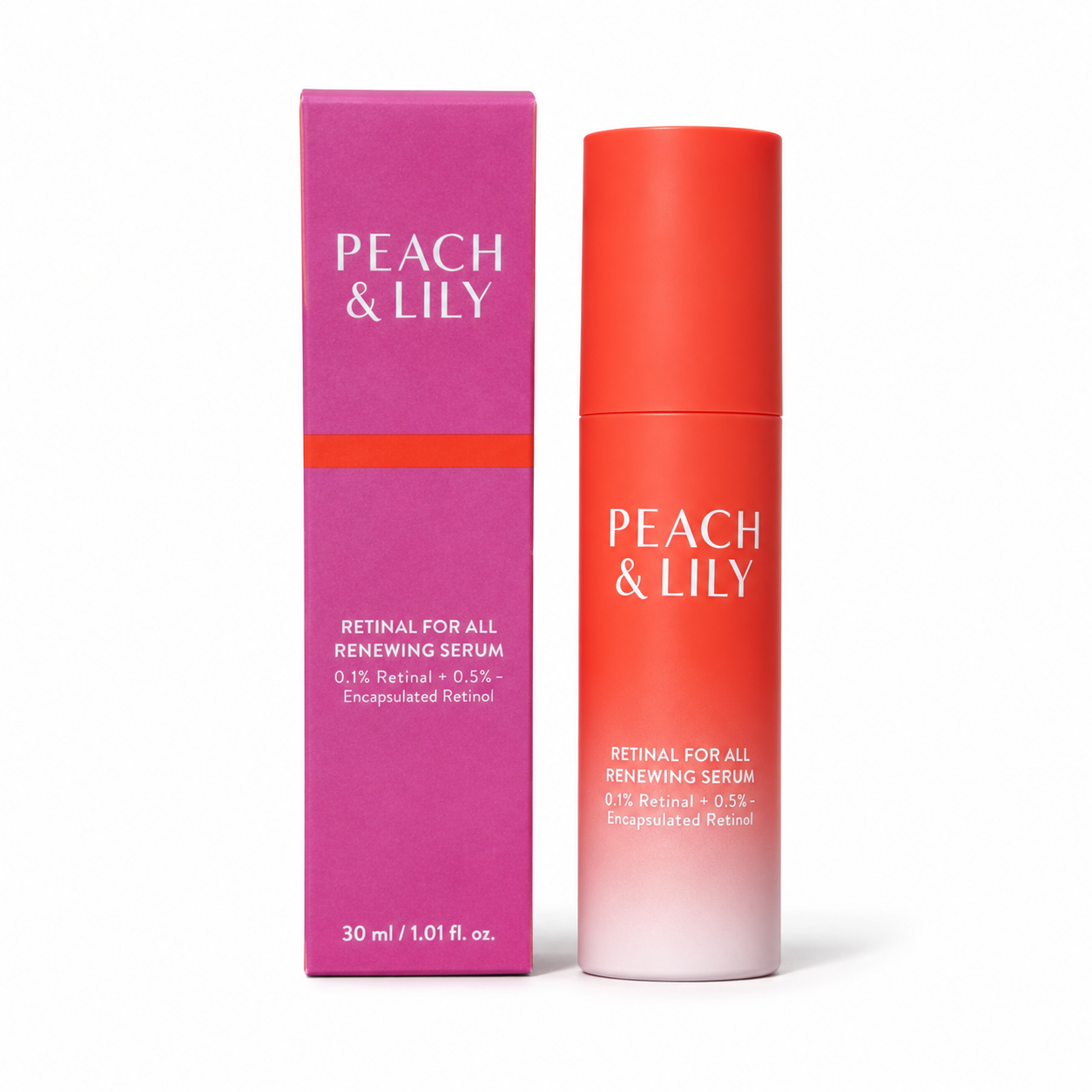 Peach & Lily Retinal For All Renewing Serum with its box on a white background, featuring 0.1% retinal for oily and acne-prone skin.