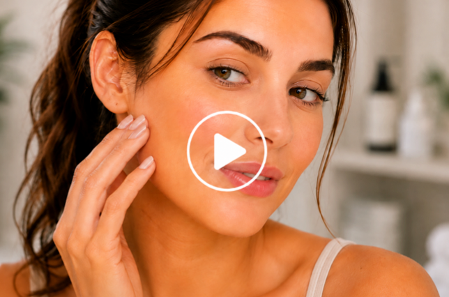 Close-up of a woman’s face with clear skin and a play button overlay, representing a video about sebaceous hyperplasia vs enlarged pores.
