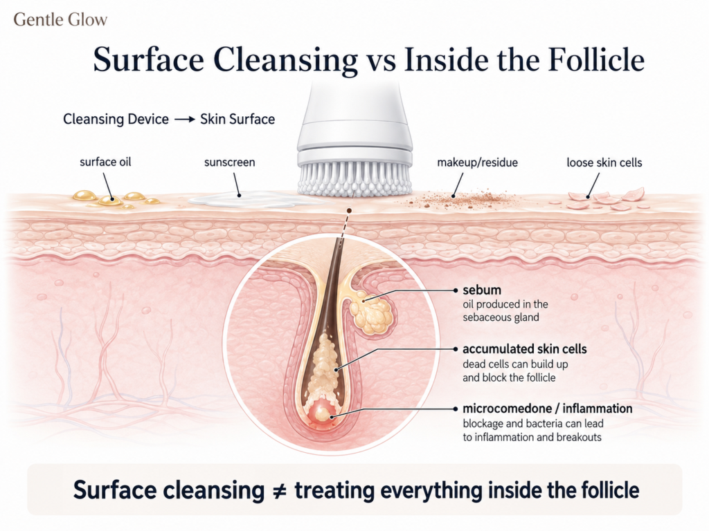 Surface cleansing vs inside the follicle infographic showing how cleansing devices remove surface oil, sunscreen, makeup residue, and loose skin cells while acne-related buildup remains inside the follicle.
