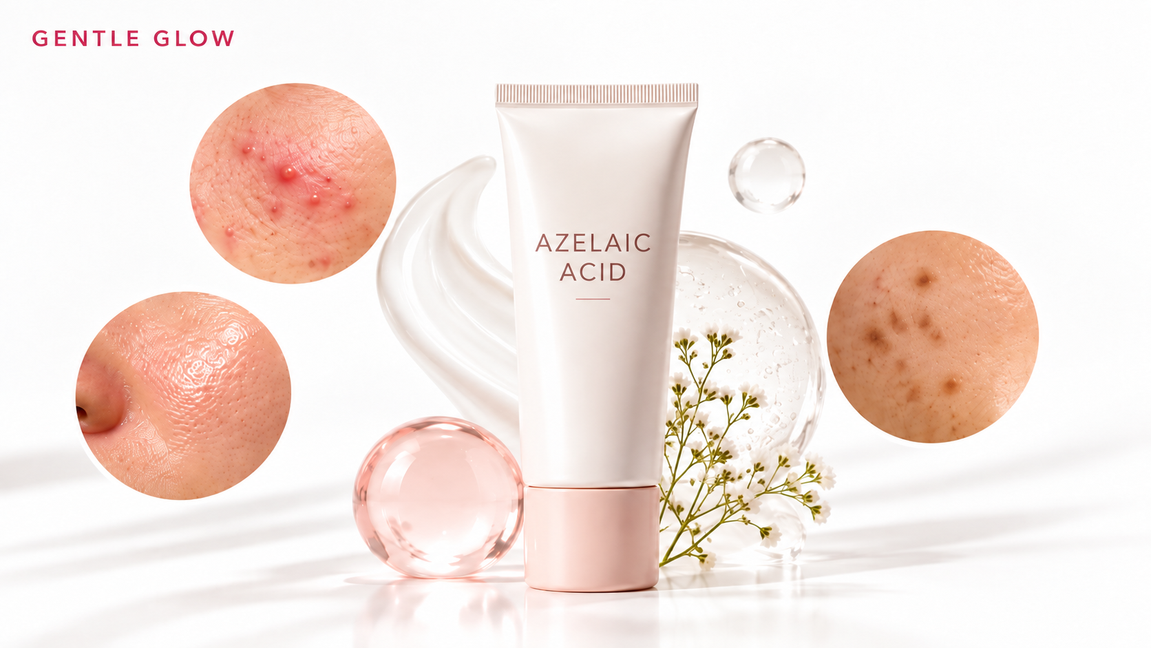 Azelaic acid for oily and acne-prone skin with close-ups of acne, oily pores, and post-acne dark spots