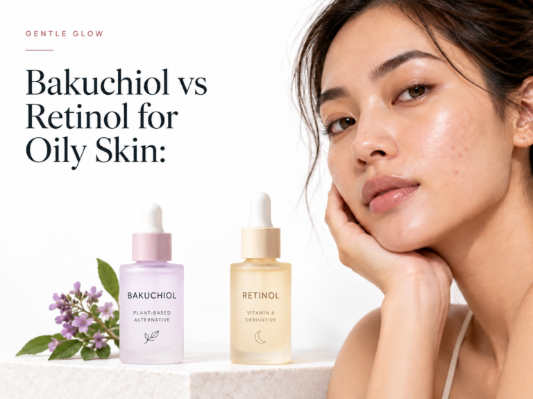 Bakuchiol vs retinol for oily skin featured image showing a woman with oily acne-prone skin beside bakuchiol and retinol serum bottles.