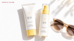 best Korean sunscreens for oily acne-prone skin featured image with two SPF 50+ sunscreen bottles, yellow caps, sunglasses, and Gentle Glow branding on a bright white background