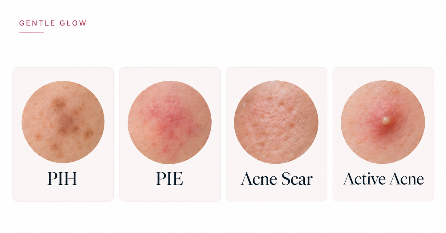 Comparison image showing PIH, PIE, acne scars, and active acne in circle close-up examples.