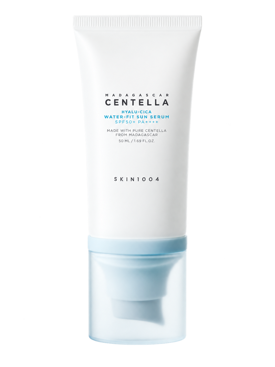 SKIN1004 Hyalu-Cica Water-Fit Sun Serum SPF50+ PA++++ in a white tube with a pale blue cap on a transparent background 