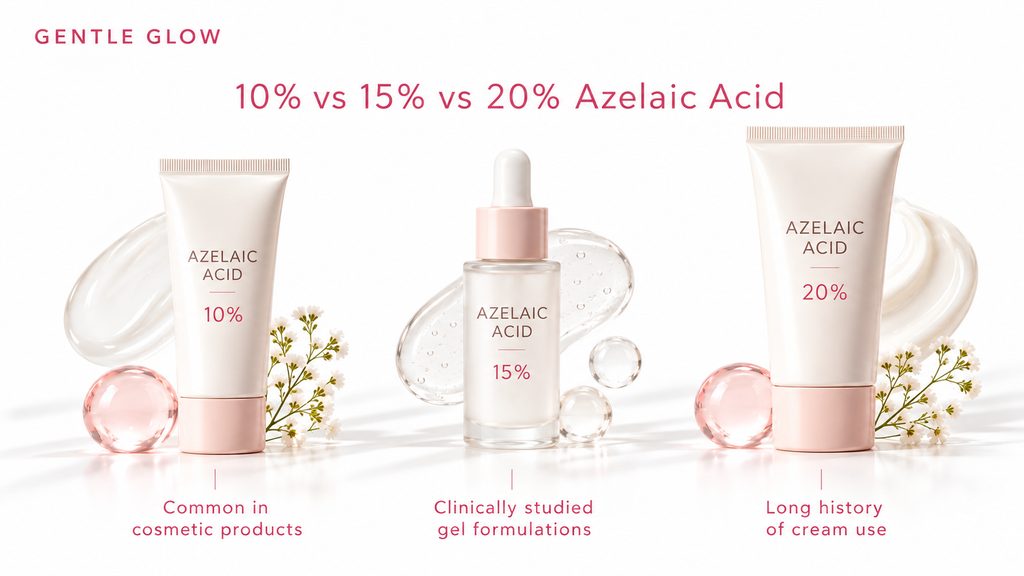 10% vs 15% vs 20% azelaic acid comparison showing cosmetic, gel, and cream formulations