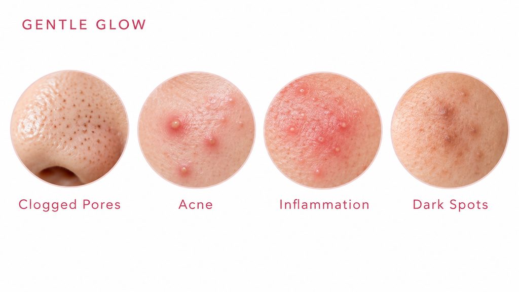 Azelaic acid for oily and acne-prone skin showing clogged pores, acne, inflammation, and dark spots