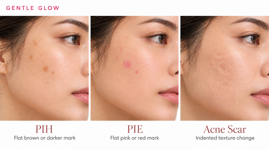 Visual comparison showing PIH vs PIE vs acne scars on a model’s cheek, with flat brown post-acne marks, flat pink-red post-acne marks, and indented acne scarring.