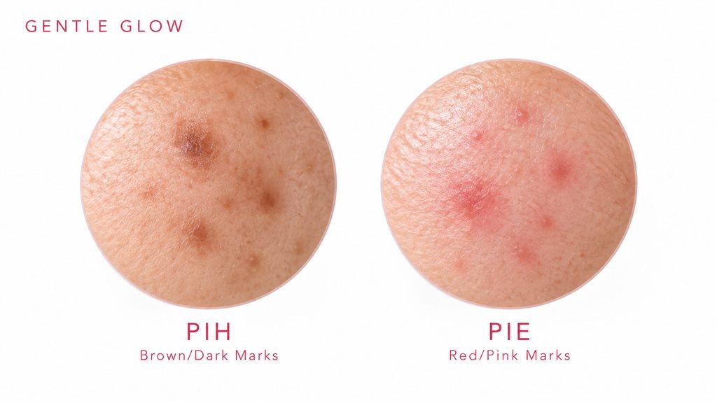PIH vs PIE comparison showing brown post-acne dark marks and red post-acne marks