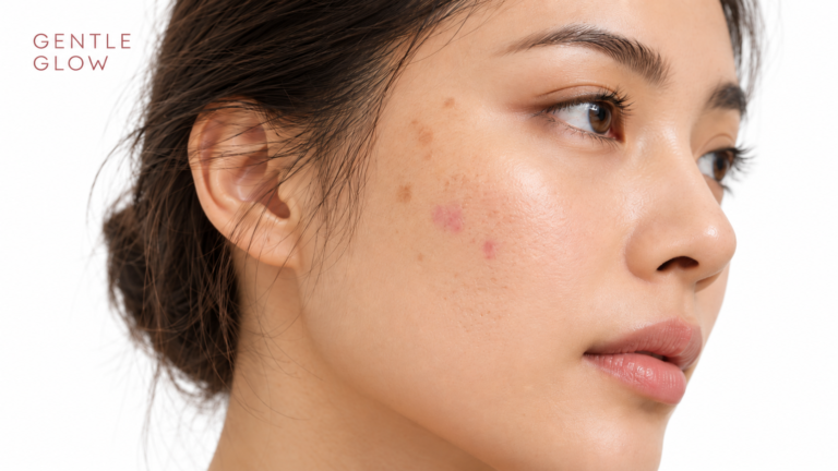 Side-profile image of a woman showing PIH vs PIE vs acne scars, with natural brown hyperpigmentation, red post-acne marks, and mild indented scarring on the cheek.